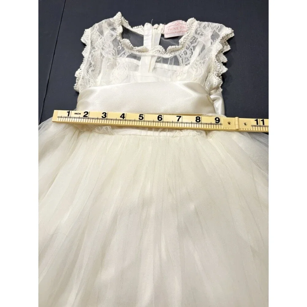 Girls Ivory Lace Tulle Dress Satin Bow Special Occasion Size 4-5
